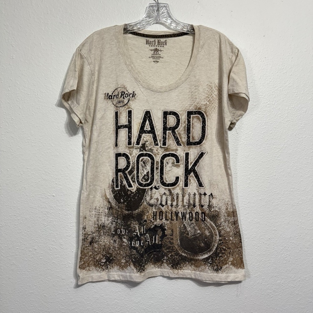 Hard‎ Rock Cafe Couture Beige Graphic Print Hollywood T Shirt Juniors Size XXL